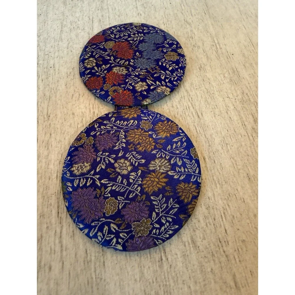 Vintage Style Blue Red Silk Metallic Gold Brocade Pocket Compact Mirror Floral
